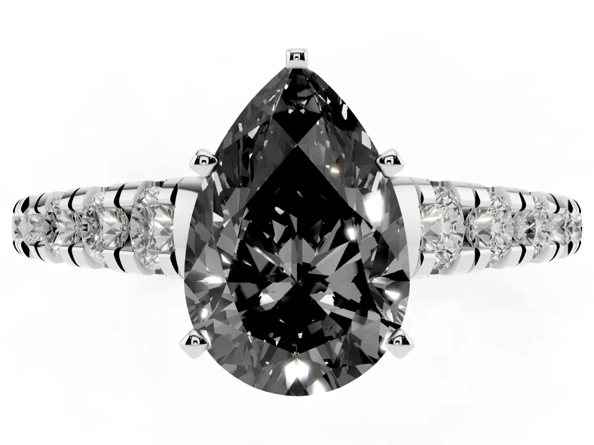 Fancy Black Pear Cut Diamond Cathedral Solitaire Ring with Round Pavé Band Platinum