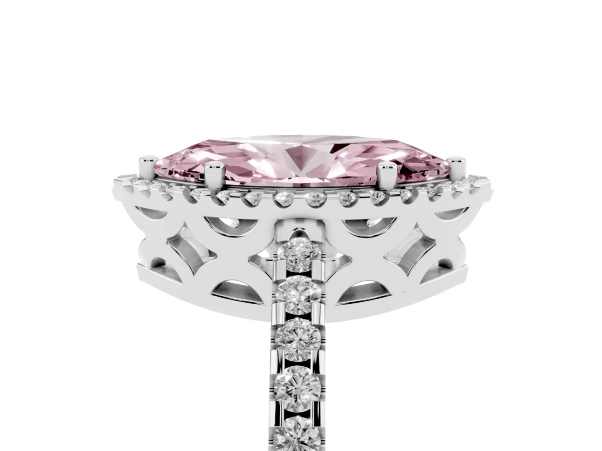 Fancy Pink Marquise Cut Diamond Halo Engagement Ring with Pavé Band and Prong Setting Platinum