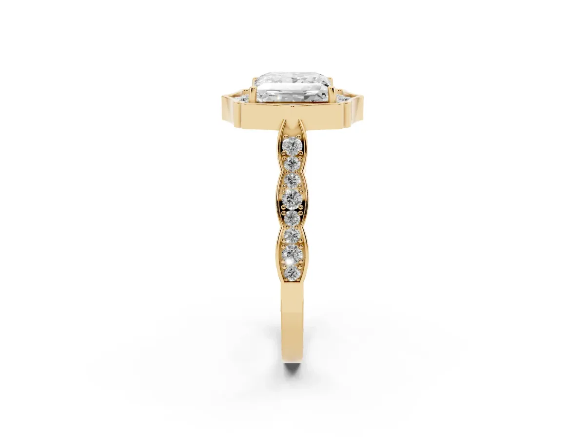 Princess Cut Halo Diamond Engagement Ring with Milgrain Band and Four-Prong Setting Yellow gold
