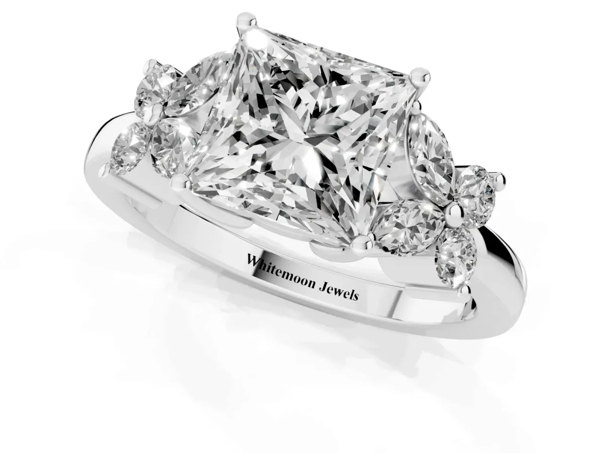 Princess Cut Diamond Floral Cluster Ring with Solitaire Band and Prong Setting Platinum
