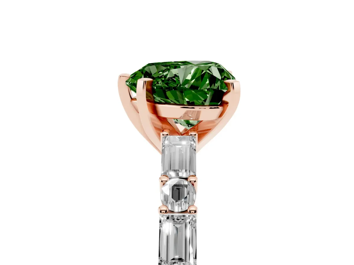 Fancy Green Heart Cut Diamond Solitaire with Side Baguettes and Channel Set Band Rose gold