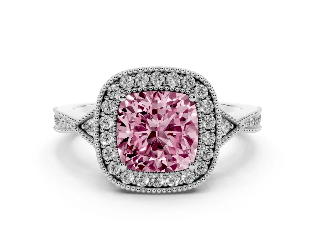 Fancy Pink Cushion Cut Halo Round Diamond Milgrain Pave Engagement Ring White gold