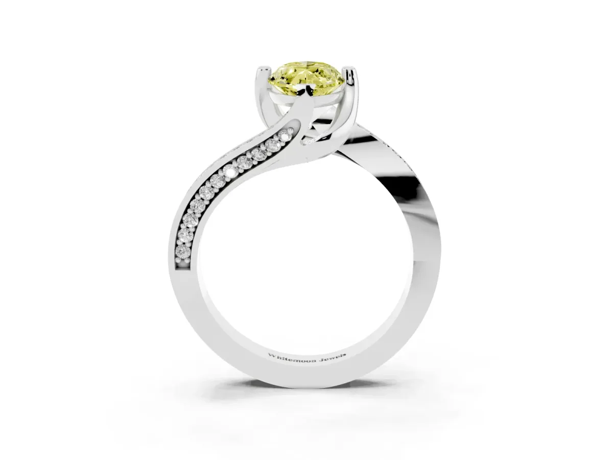 Fancy Yellow Marquise Cut Solitaire Diamond Twist Band with Pavé Setting and Four-Prong Setting Platinum