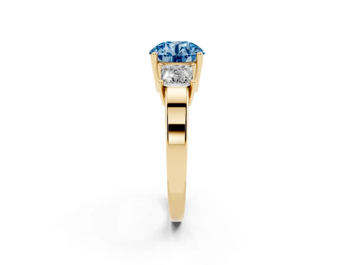 Fancy Blue Three-Stone Round Cut Cut Solitaire Ring with Prong Setting Yellow gold
