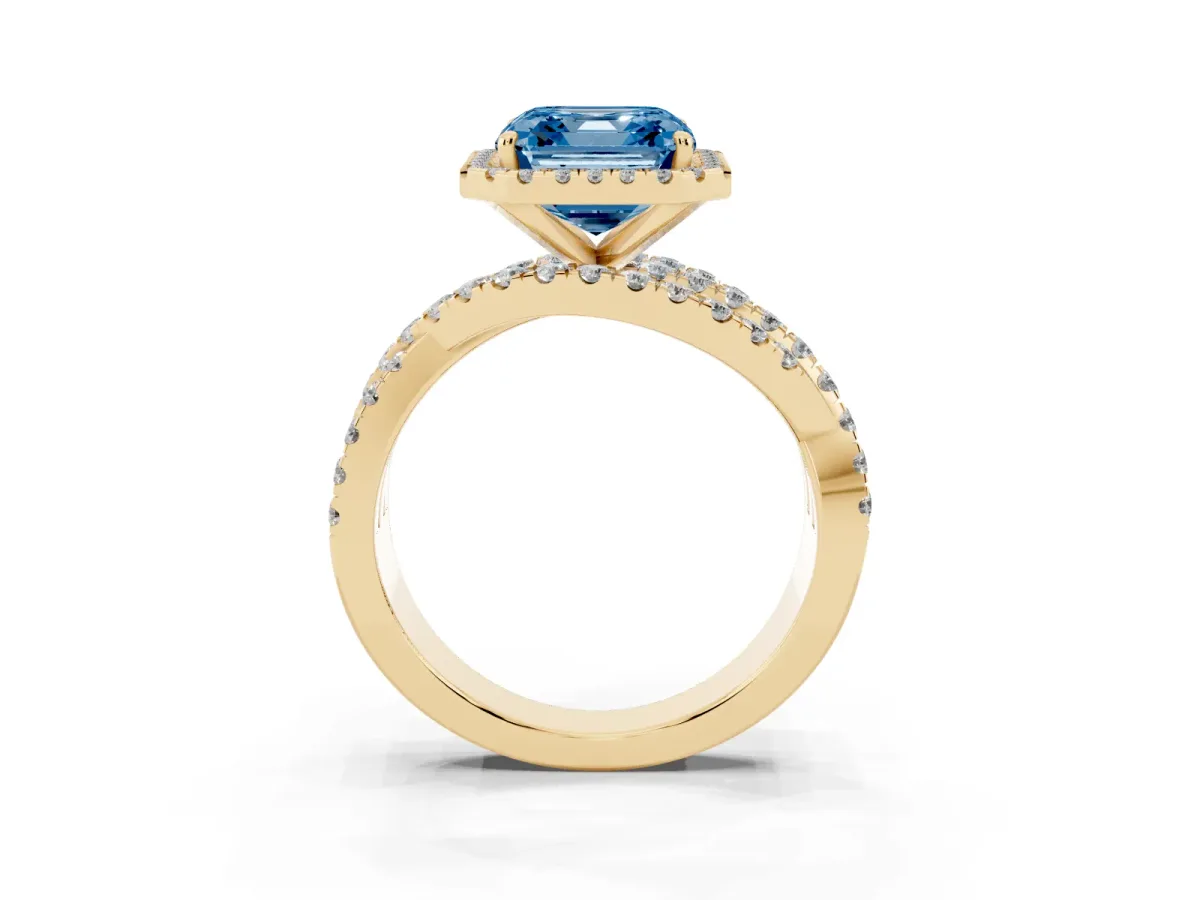 Fancy Blue Asscher Cut Diamond Halo Ring with Round Split Shank and Prong Setting Yellow gold