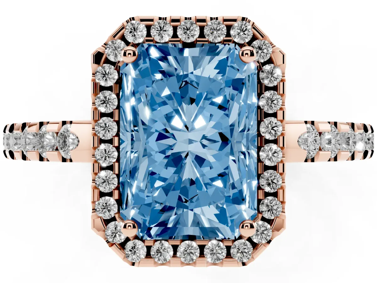 Fancy Blue Radiant Cut Diamond Halo Engagement Ring with Pavé Band and Prong Setting Rose gold