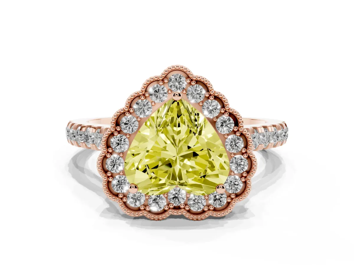 Fancy Yellow Heart Cut Cut Diamond Milgrain Floral Halo Engagement Ring with Pavé Band Rose gold