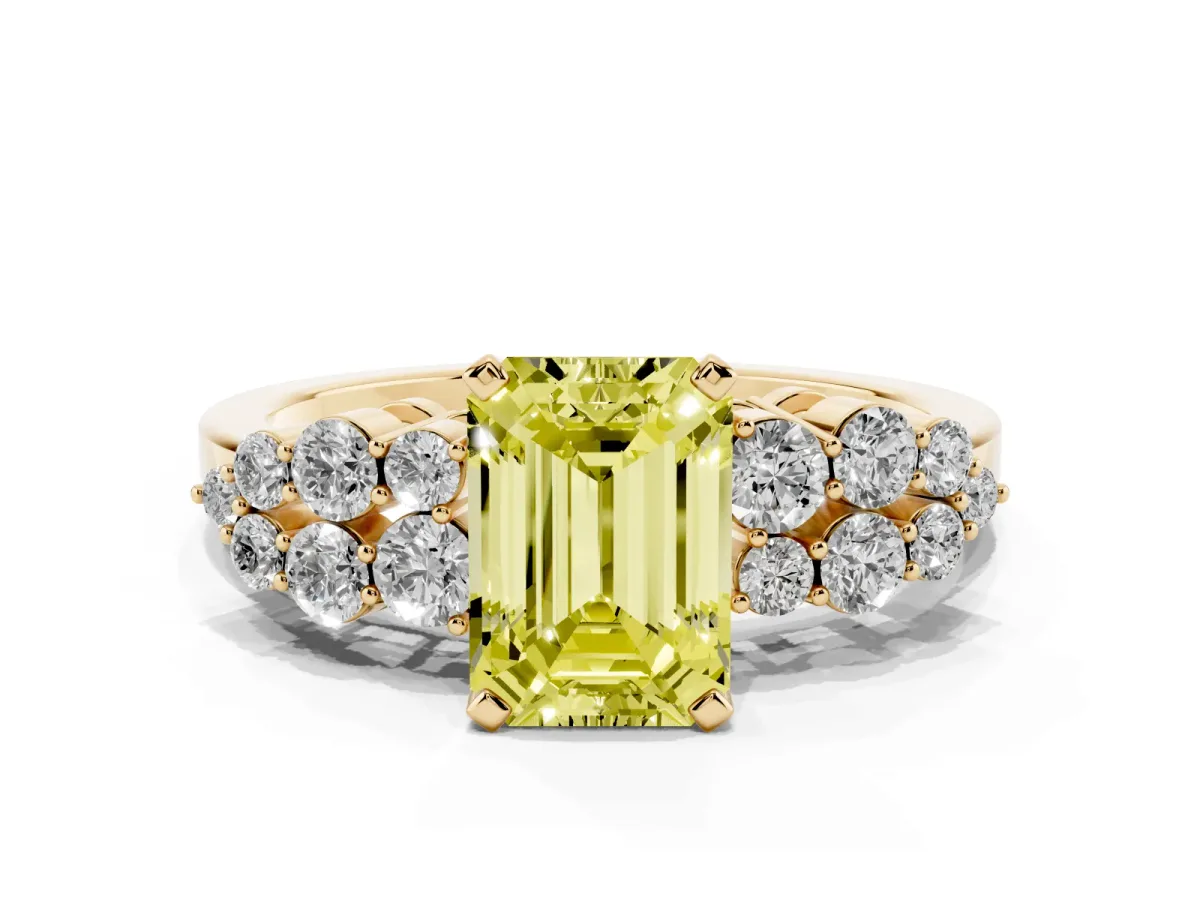 Fancy Yellow Emerald Cut Cluster Diamond Engagement Ring with Pavé Band and Four-Prong Setting Yellow gold