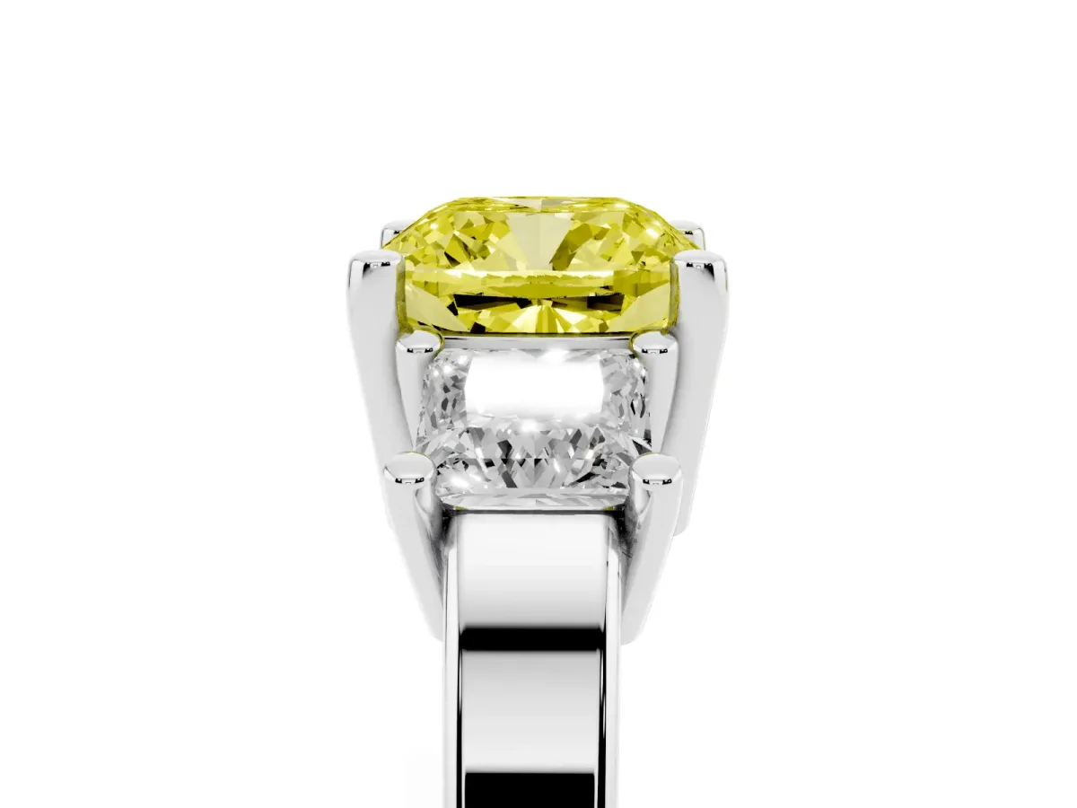 Fancy Yellow Three-Stone Cushion Cut Cut Solitaire Ring with Prong Setting Platinum