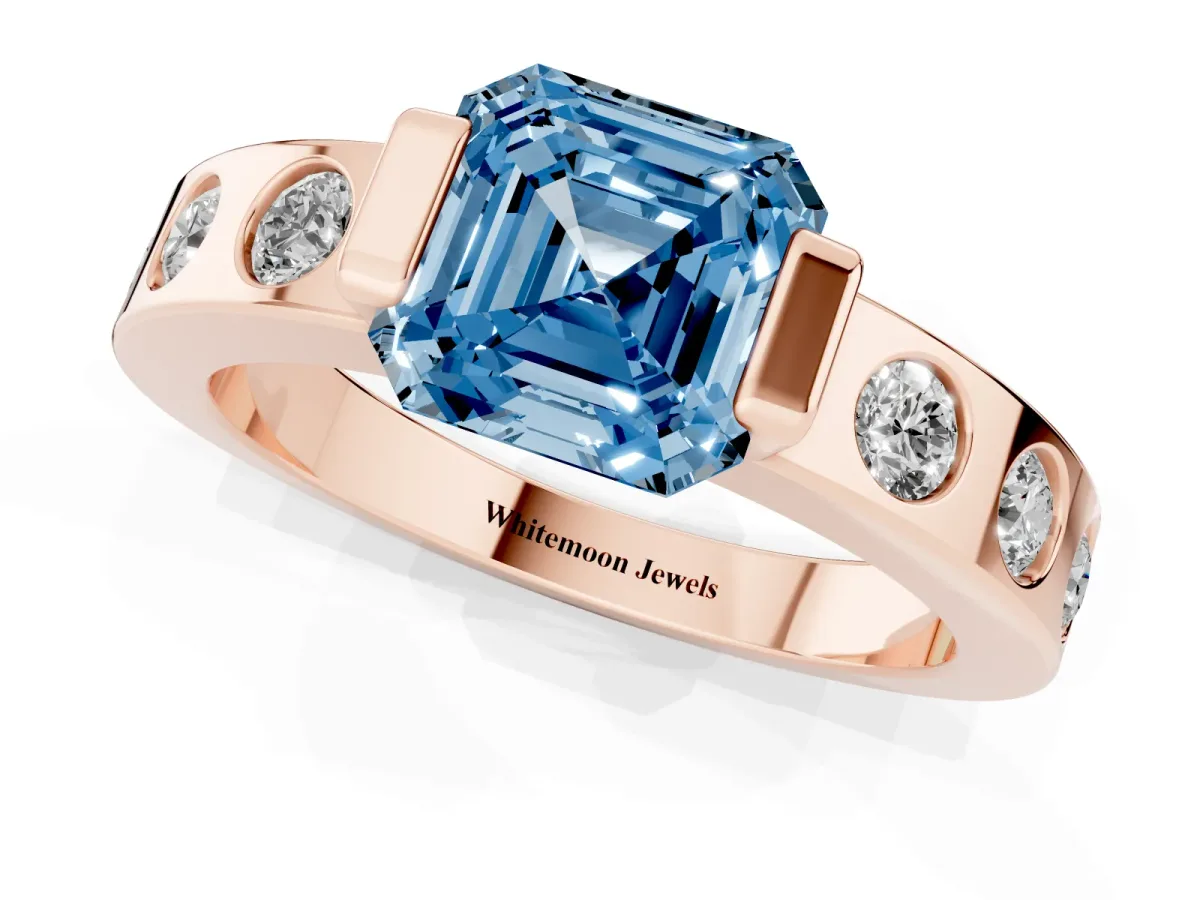 Fancy Blue Asscher Cut Brilliant Channel-Set Diamond Ring with Bezel Prong Setting Rose gold
