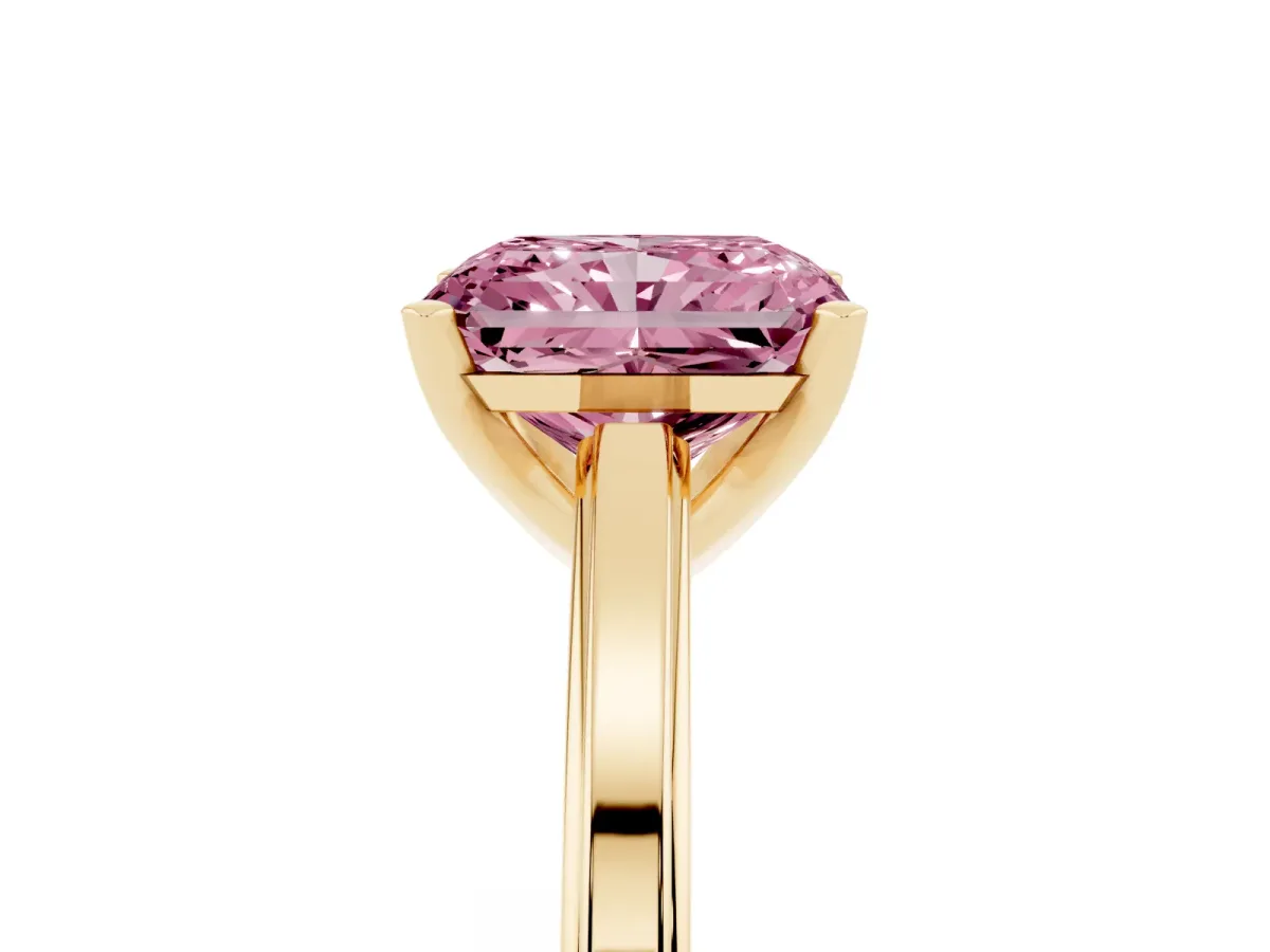Fancy Pink Radiant Cut Solitaire Diamond Ring with Four-Prong Setting and Classic Band Yellow gold