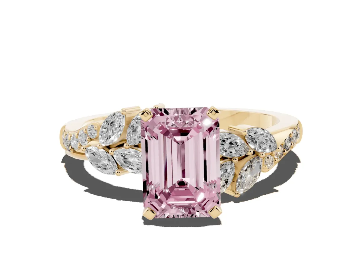 Fancy Pink Emerald Cut Solitaire Marquise Twist Band with Six-Prong Setting Yellow gold