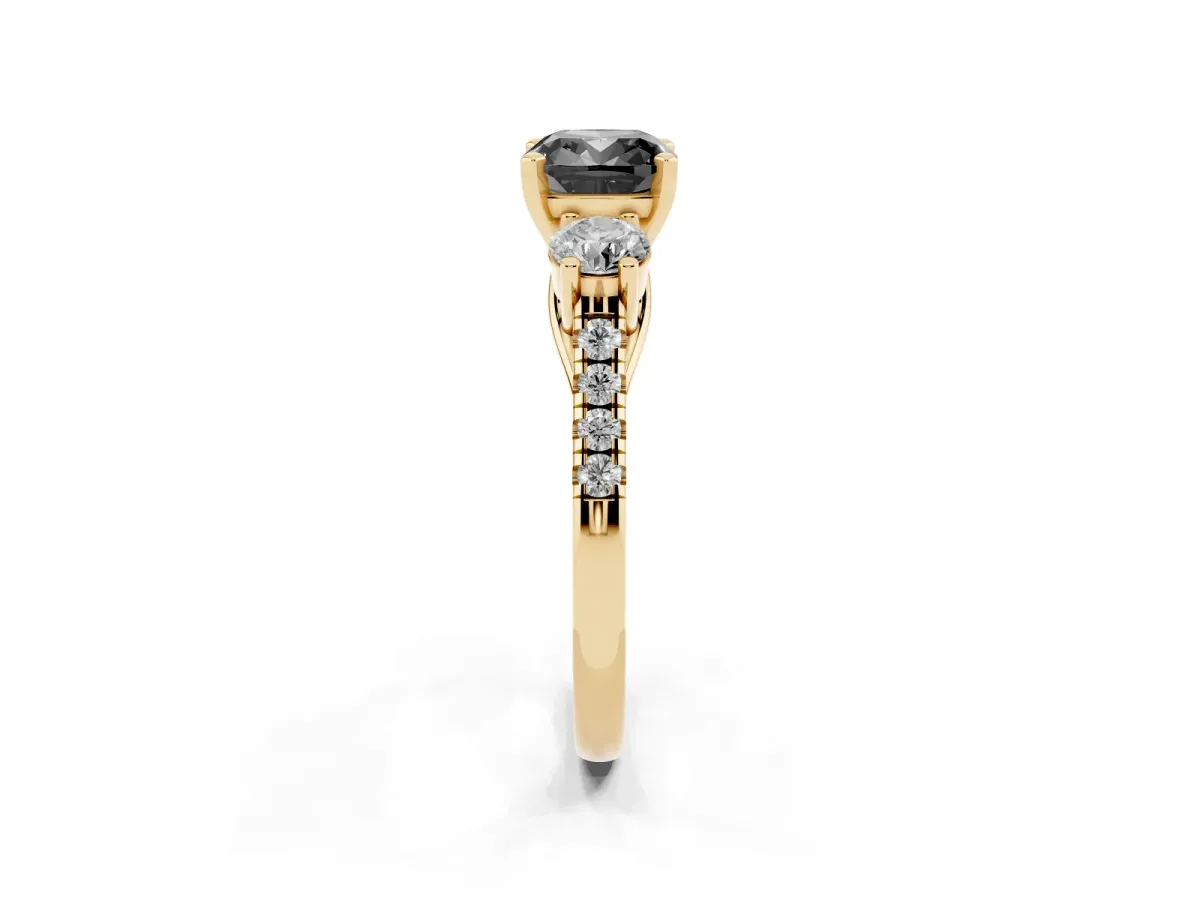 Fancy Black Three-Stone Cushion Cut Diamond Pavé Band with Four-Prong Setting Yellow gold
