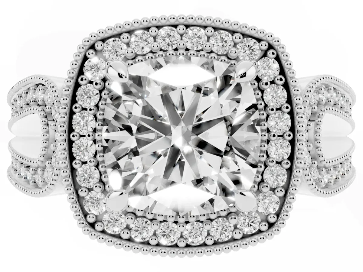 Cushion Cut Halo Split Shank Milgrain Diamond Ring Platinum