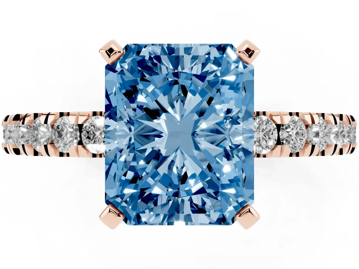 Fancy Blue Radiant Cut Solitaire Diamond with Pavé Band and Four-Prong Setting Rose gold