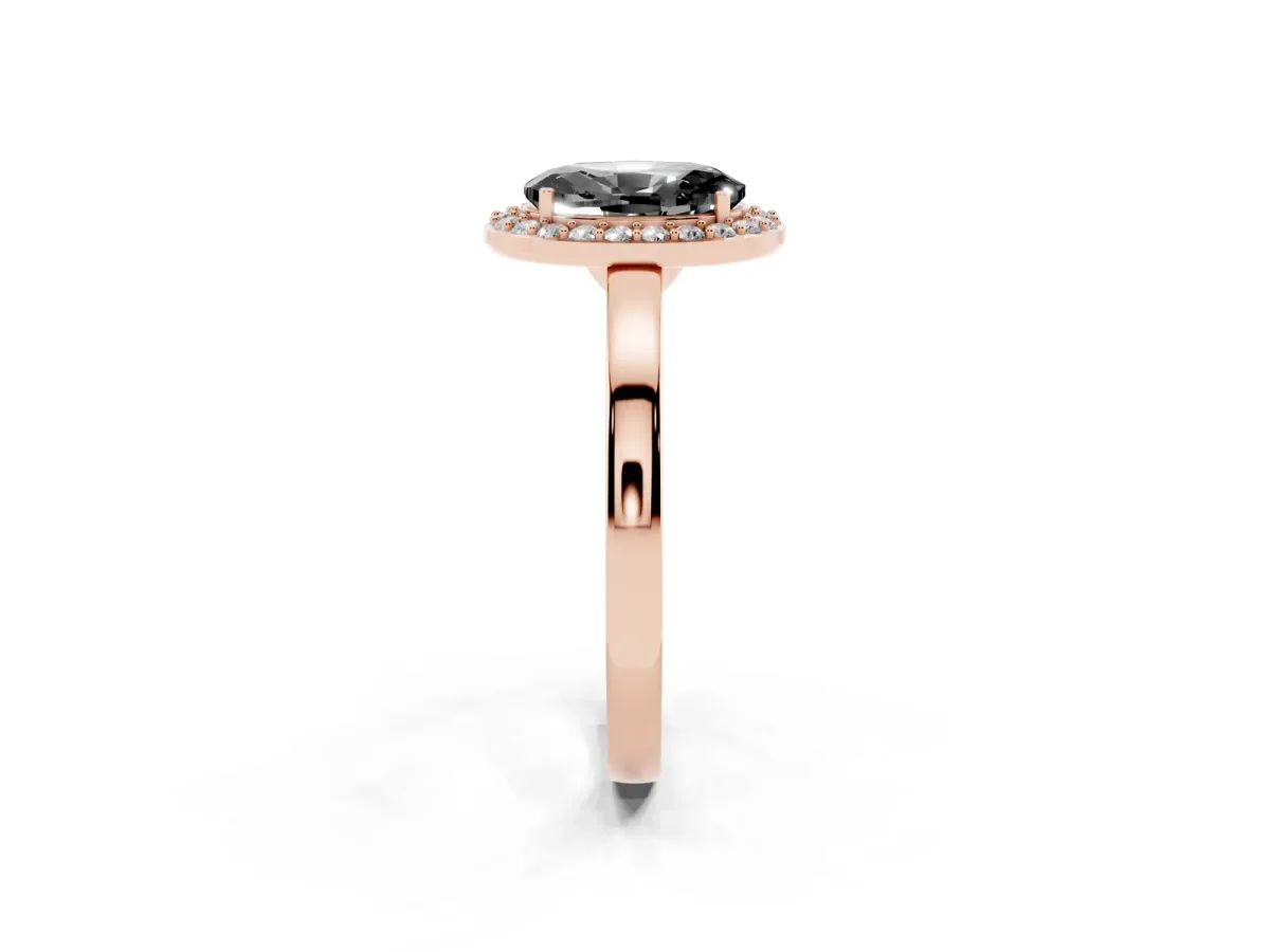 Fancy Black Oval Cut Halo Diamond Ring with Solitaire Band and Prong Setting Rose gold