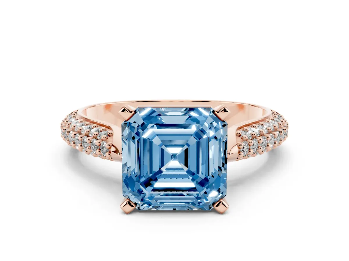 Fancy Blue Asscher Cut Diamond Solitaire Engagement Ring with Multi-Row Round Pavé Band and Prong Setting Rose gold