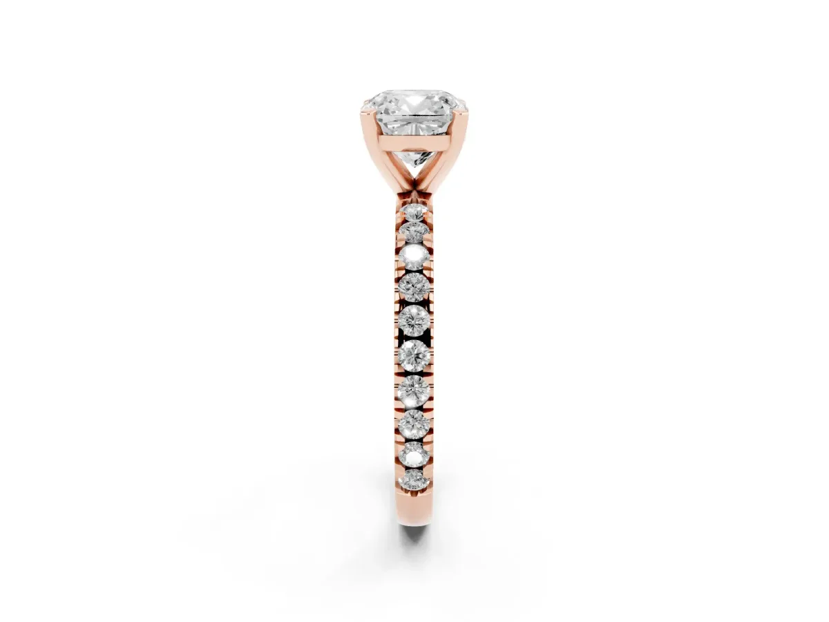 Cushion Cut Diamond Pavé Band Solitaire with Four-Prong Setting Rose gold