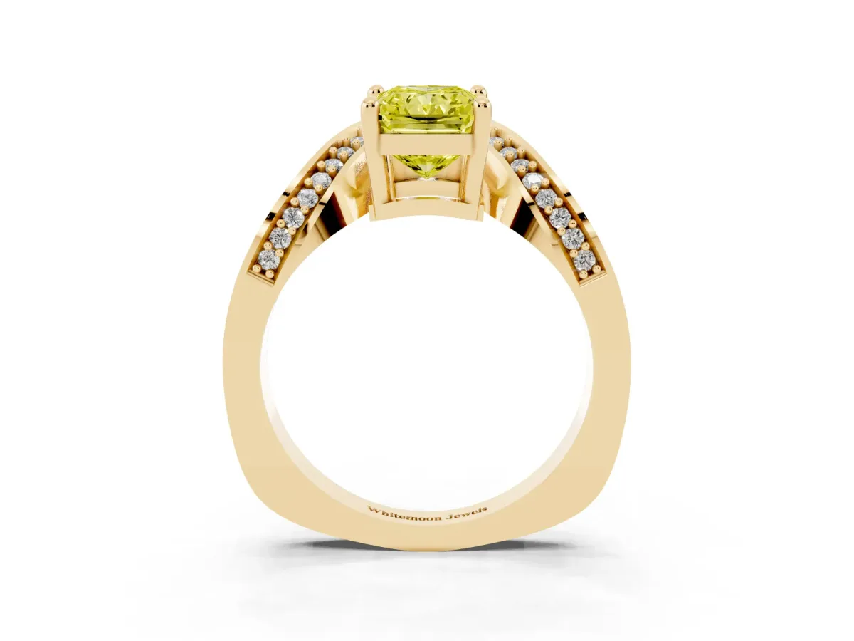 Fancy Yellow Radiant Cut Solitaire Diamond Engagement Ring with Pave Band and Four-Prong Setting Yellow gold