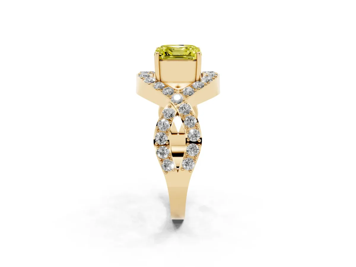 Fancy Yellow Asscher Cut Solitaire Twist Band Pavé Diamond Engagement Ring Yellow gold