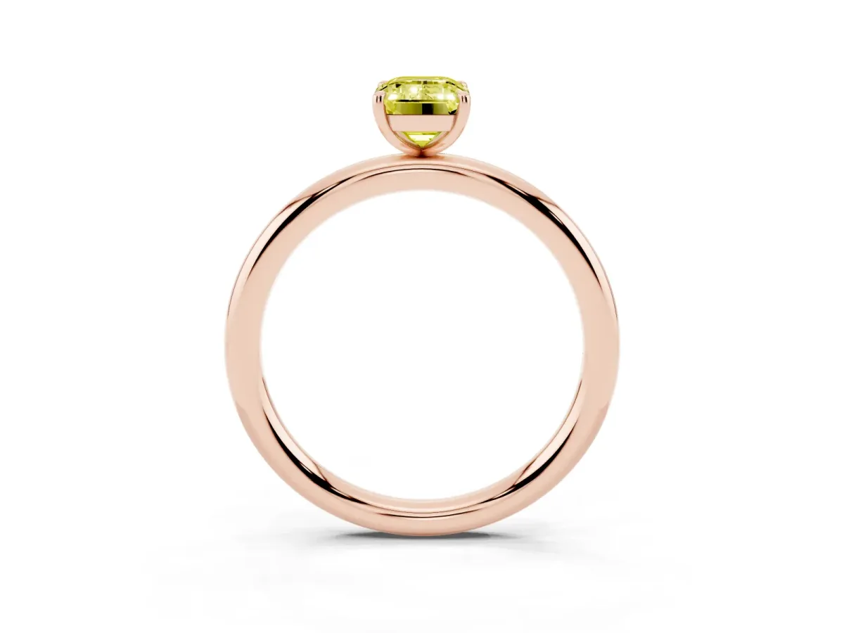 Fancy Yellow Emerald Cut Solitaire Diamond Ring with Four-Prong Setting on a Plain Band Rose gold