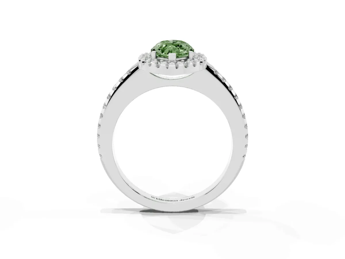 Fancy Green Marquise Cut Diamond Pavé Halo Ring with Four-Prong Setting Silver