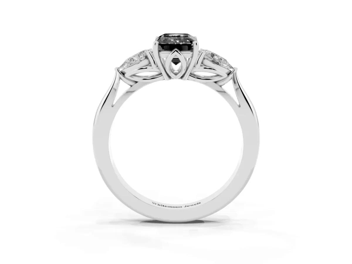Fancy Black Three-Stone Emerald Cut Brilliant Diamond Solitaire Ring with Tapered Band and Four-Prong Setting Platinum