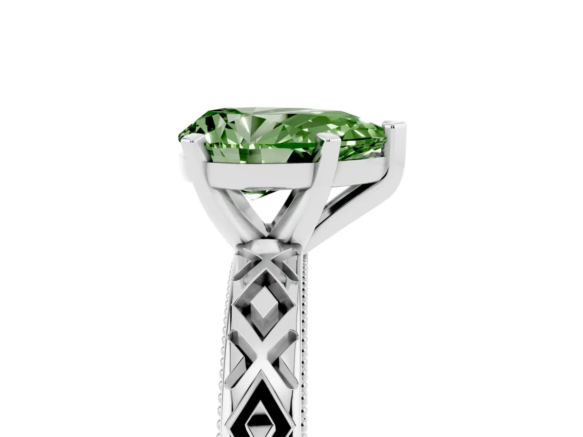 Fancy Green Pear Cut Solitaire Diamond Ring with Milgrain and Black Enamel X Pattern Band Silver