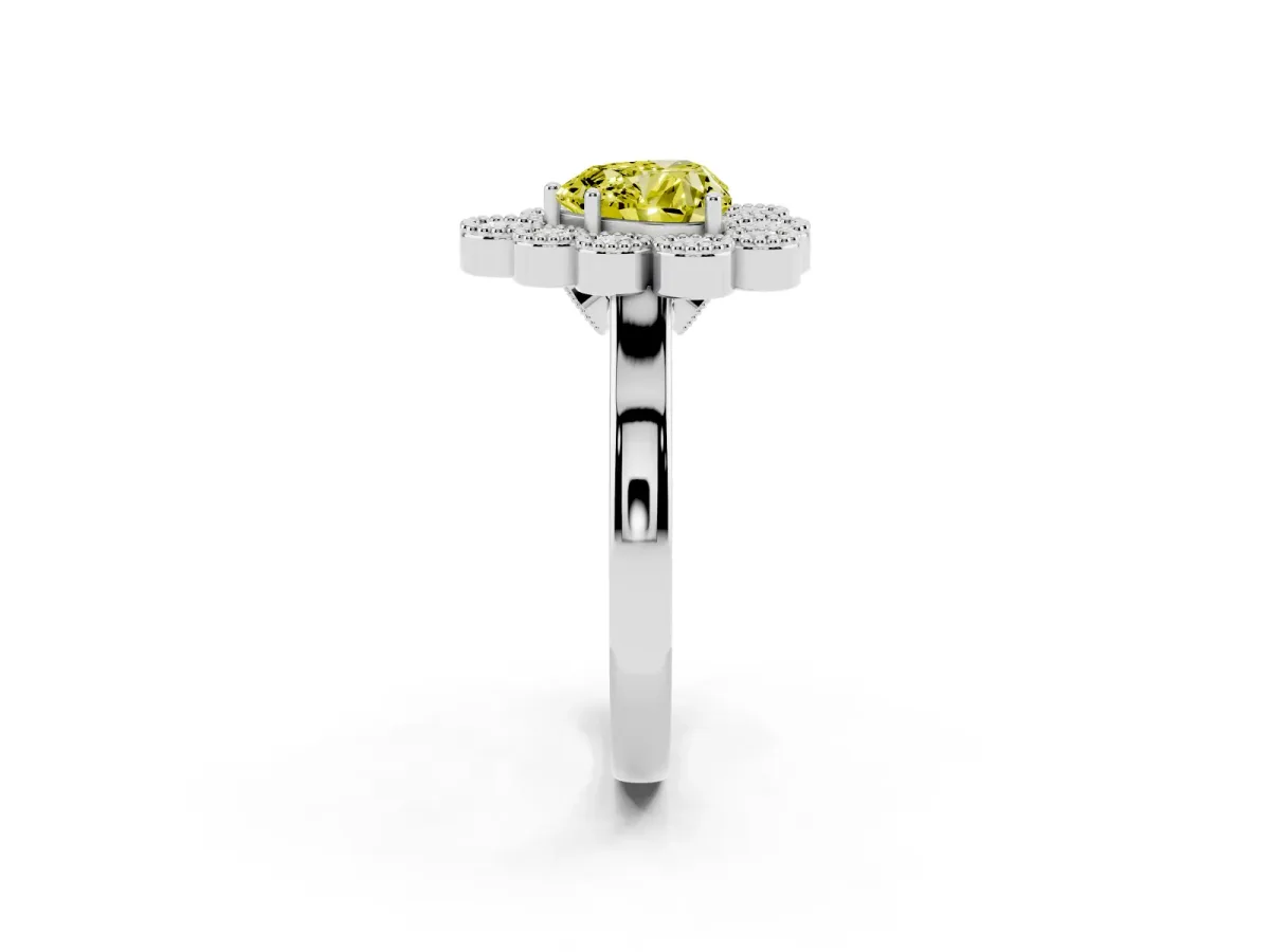 Fancy Yellow Heart Cut Halo Diamond Cluster Engagement Ring with Milgrain Bezel Setting and Solitaire Band Silver