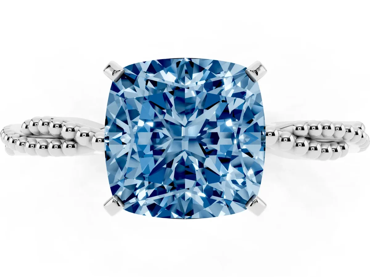 Fancy Blue Cushion Cut Solitaire Twisted Band with Bead Prong Setting Silver