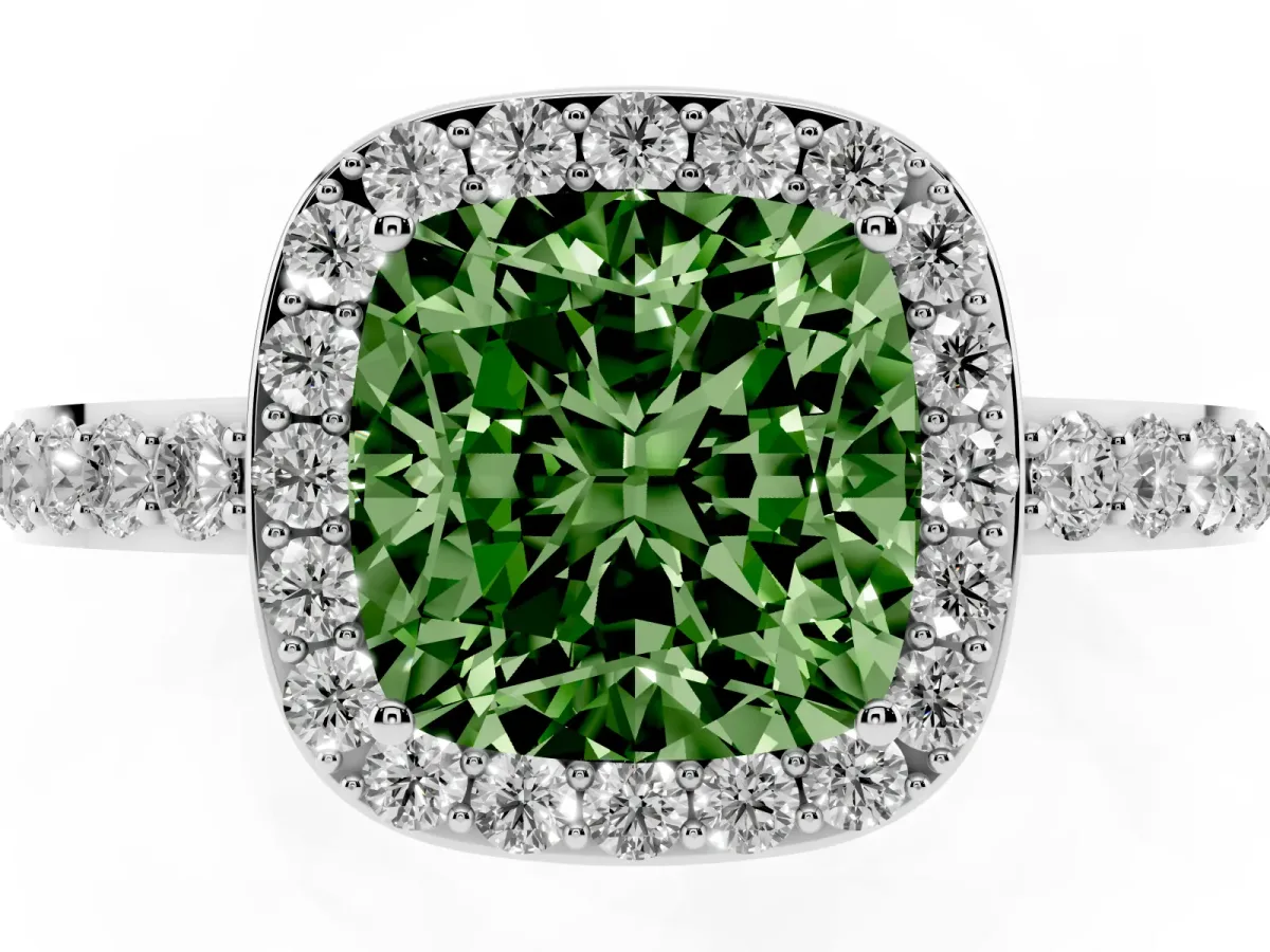 Fancy Green Cushion Cut Halo Diamond Pavé Band Ring with Prong Setting Silver