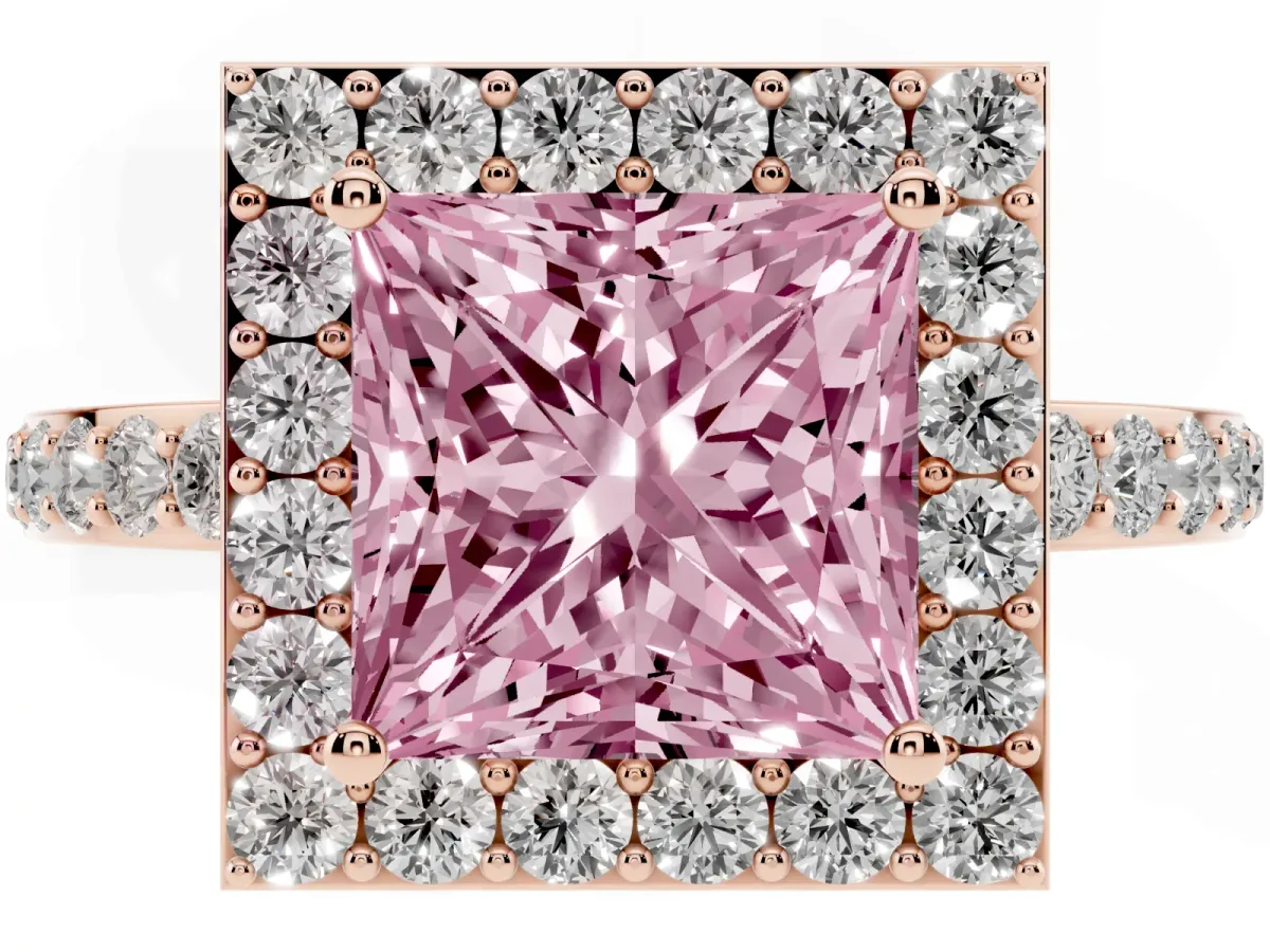 Fancy Pink Princess Cut Halo Diamond Pavé Band Ring with Prong Setting Rose gold