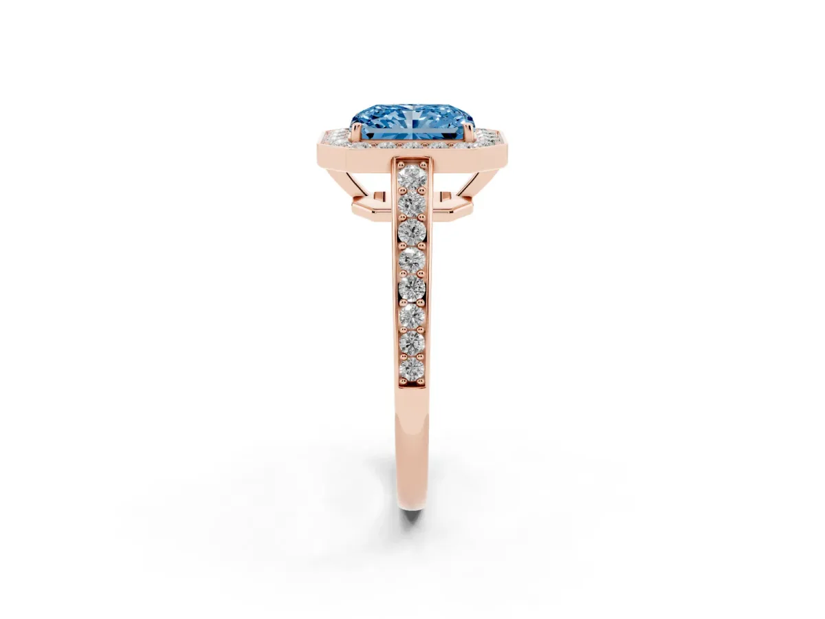 Fancy Blue Radiant Cut Halo Pavé Diamond Engagement Ring with Bezel Setting Rose gold