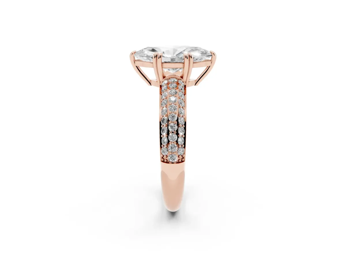 Marquise Cut Diamond Solitaire Ring with Multi-Row Round Pavé Band and Prong Setting Rose gold