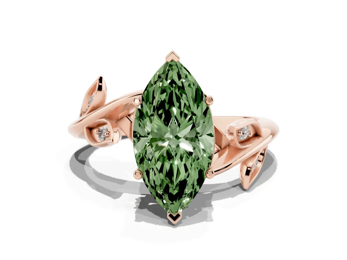 Fancy Green Marquise Cut Solitaire Twist Engagement Ring with Leaf Accents and Prong Setting Rose gold