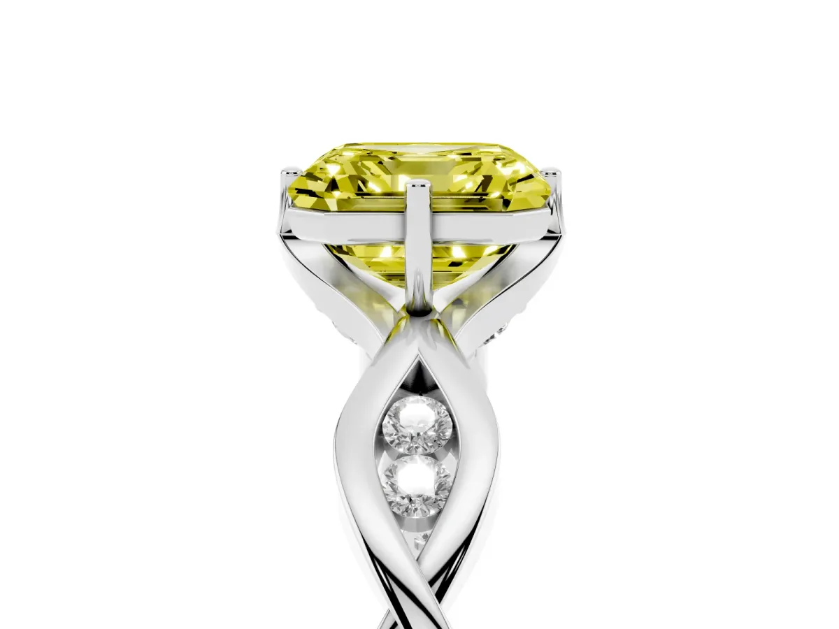 Fancy Yellow Asscher Cut Solitaire Twist Band with Leaf Prong Setting Silver