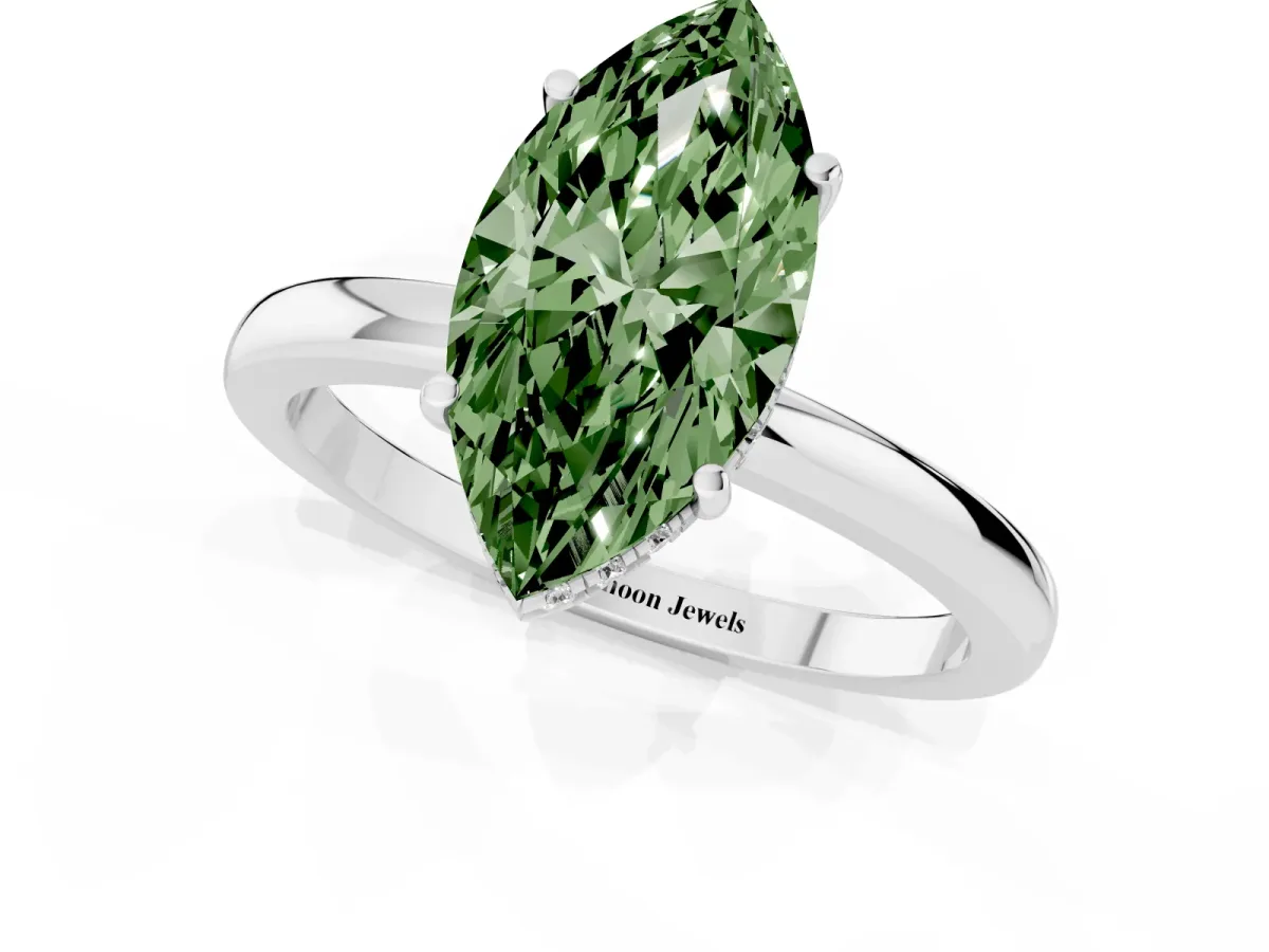 Fancy Green Marquise Cut Solitaire Diamond Ring with Prong Setting and Plain Band Silver
