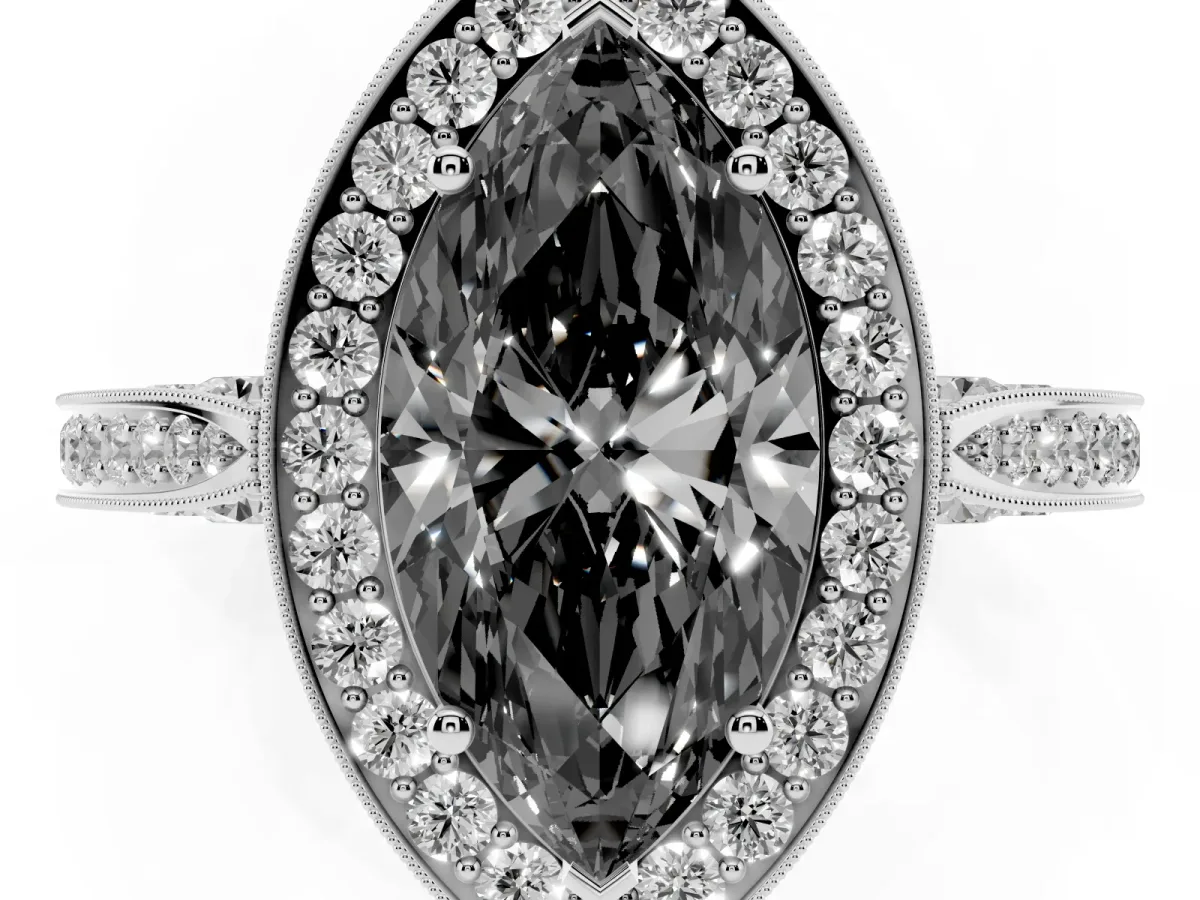 Fancy Black Marquise Cut Halo Diamond Engagement Ring with Split Shank Band and Four-Prong Setting Silver