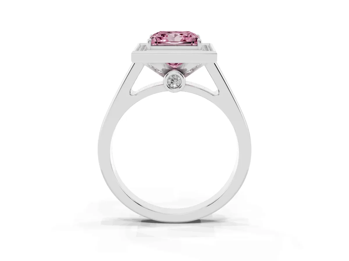 Fancy Pink Princess Cut Halo Solitaire Diamond Ring with Pave Band and Bezel Setting White gold