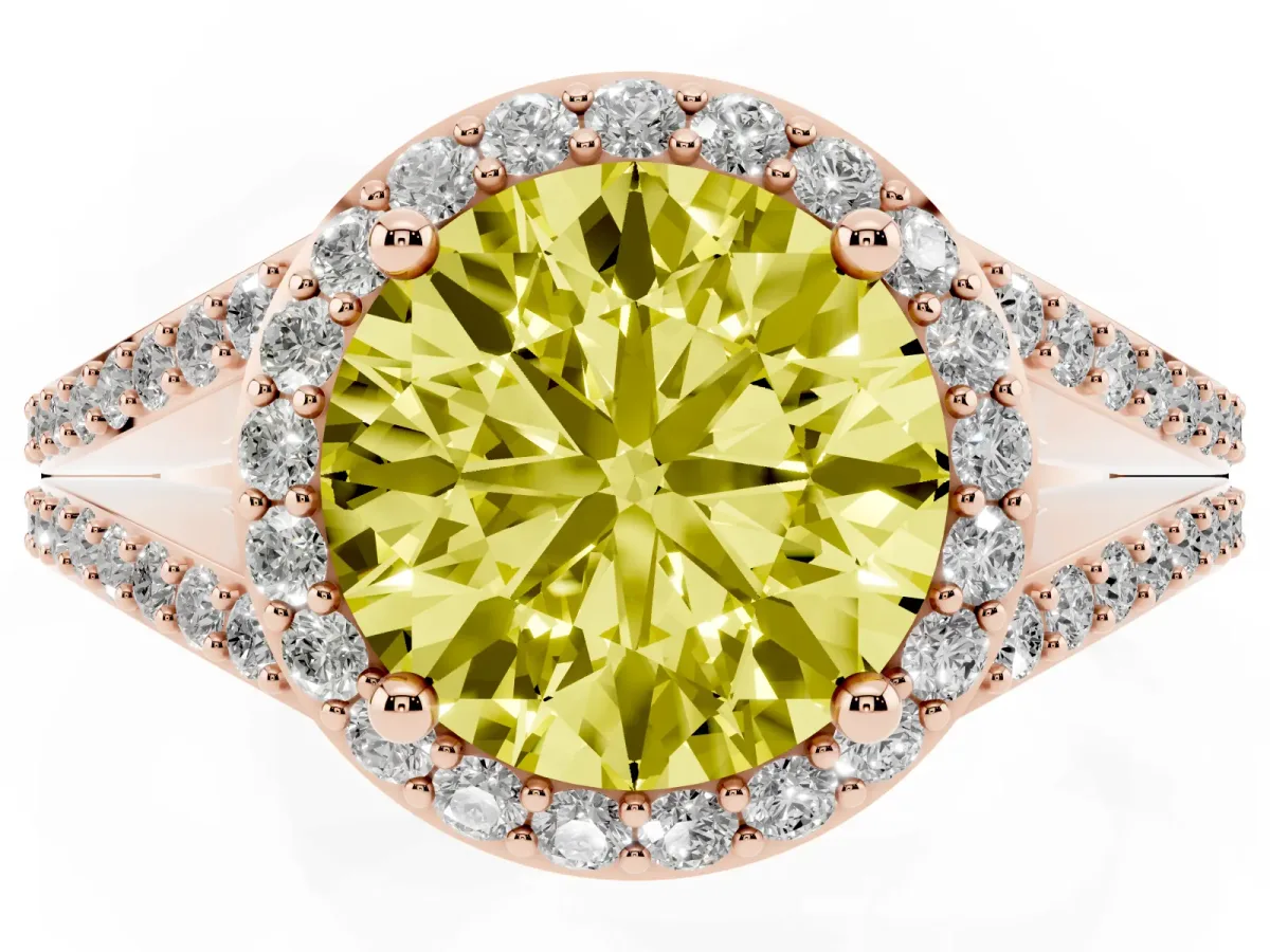Fancy Yellow Round Cut Halo Split Shank Pave Diamond Ring with Four-Prong Setting Rose gold