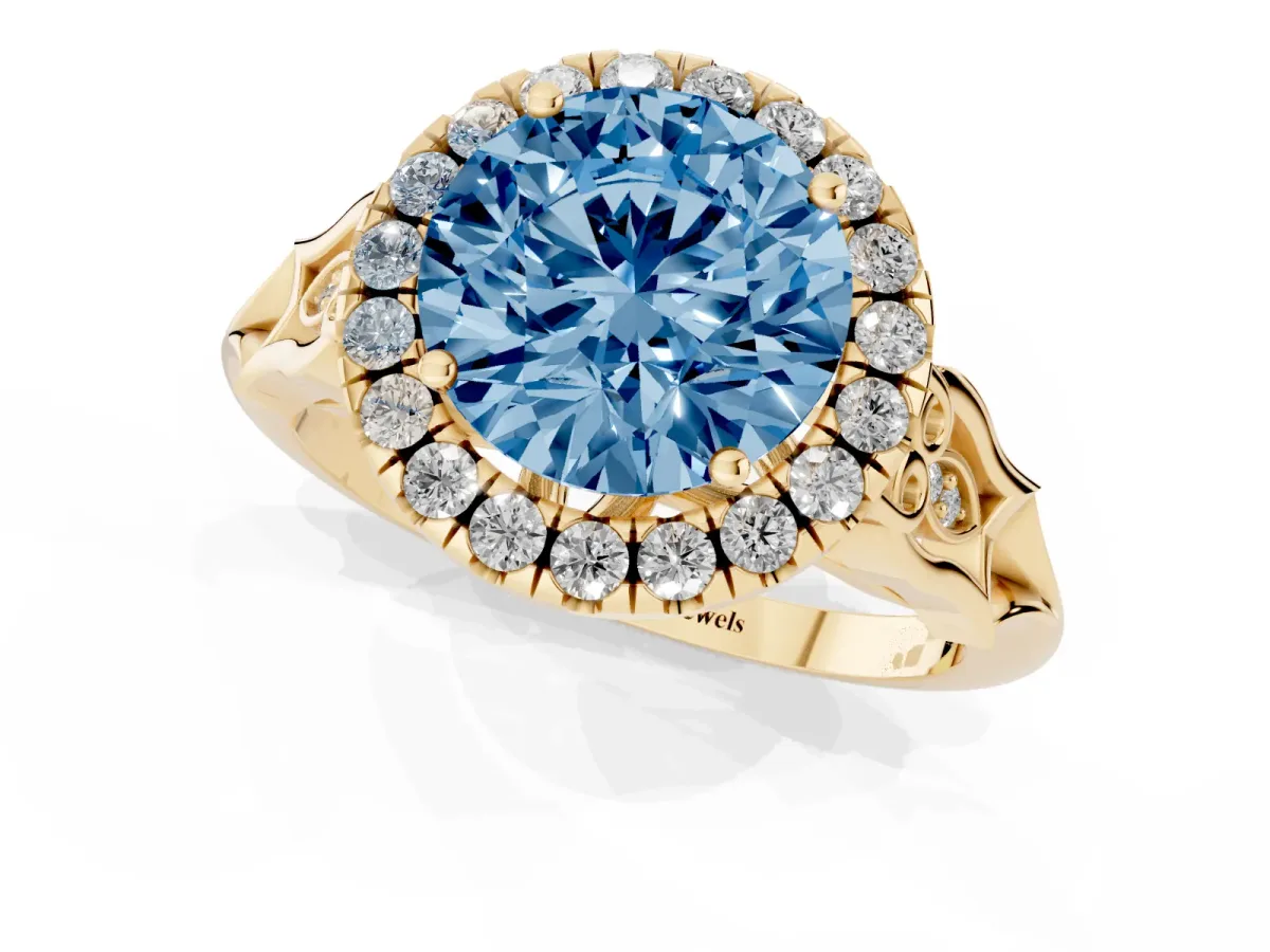 Fancy Blue Round Cut Halo Diamond Engagement Ring with Filigree Band and Four-Prong Setting Yellow gold