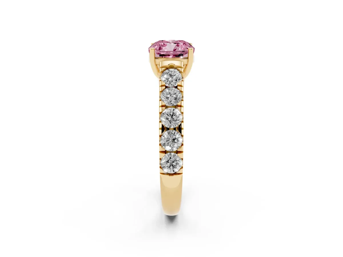 Fancy Pink Cushion Cut Cut Diamond Solitaire Ring with Micro Pave Band and Prong Setting Yellow gold