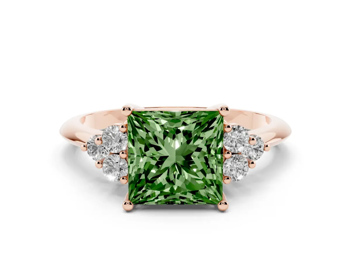 Fancy Green Princess Cut Cut Diamond Cluster Ring with Solitaire Band and Four-Prong Setting Rose gold
