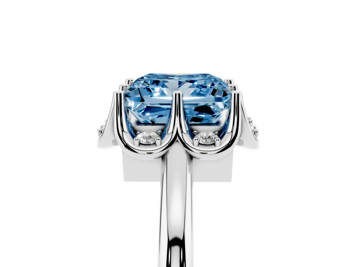 Fancy Blue Princess Cut Halo Diamond Ring with Round Cluster Setting, Solitaire Band, and Four-Prong Setting Silver