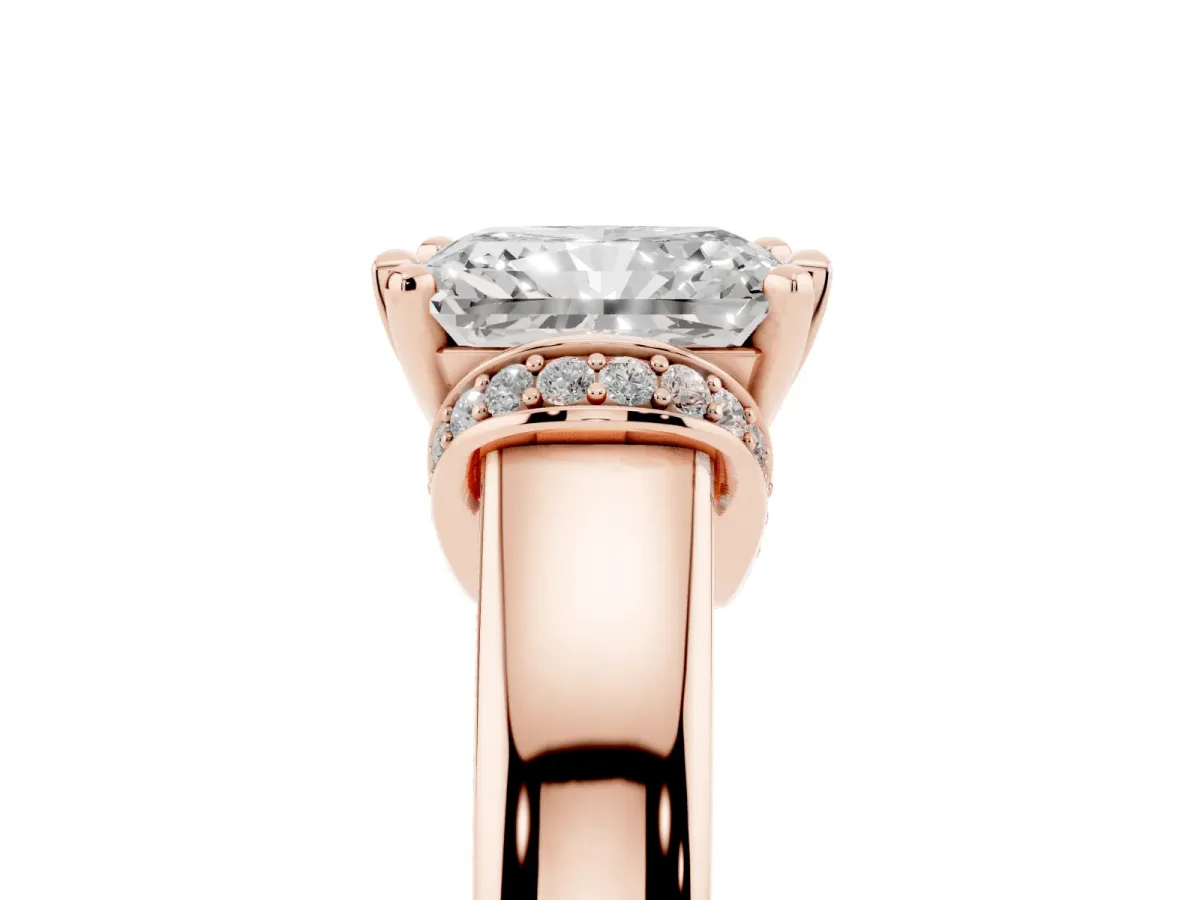 Radiant Cut Solitaire Diamond Ring with Pave Band and Six-Prong Setting Rose gold