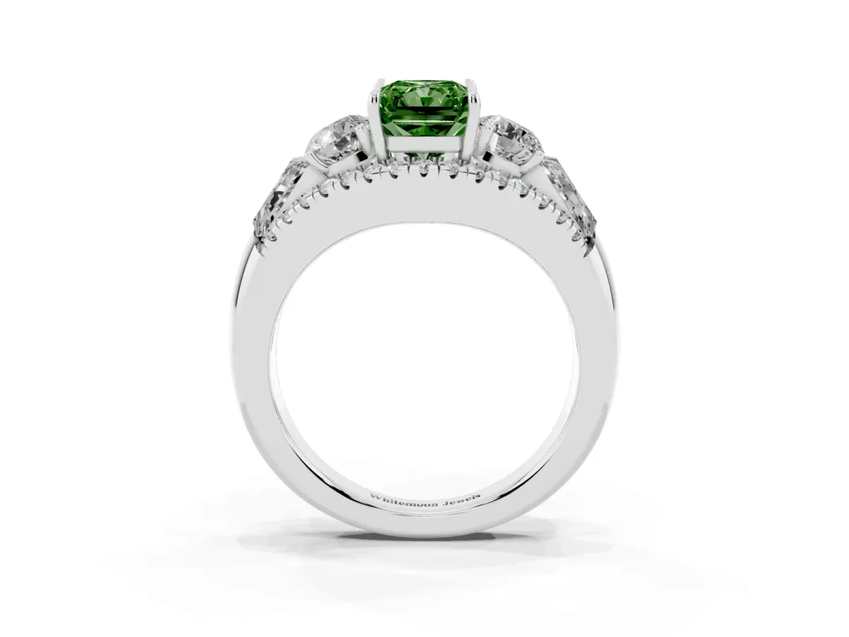 Fancy Green Three-Stone Radiant Cut Diamond Engagement Ring with Pave Band and Prong Setting Silver