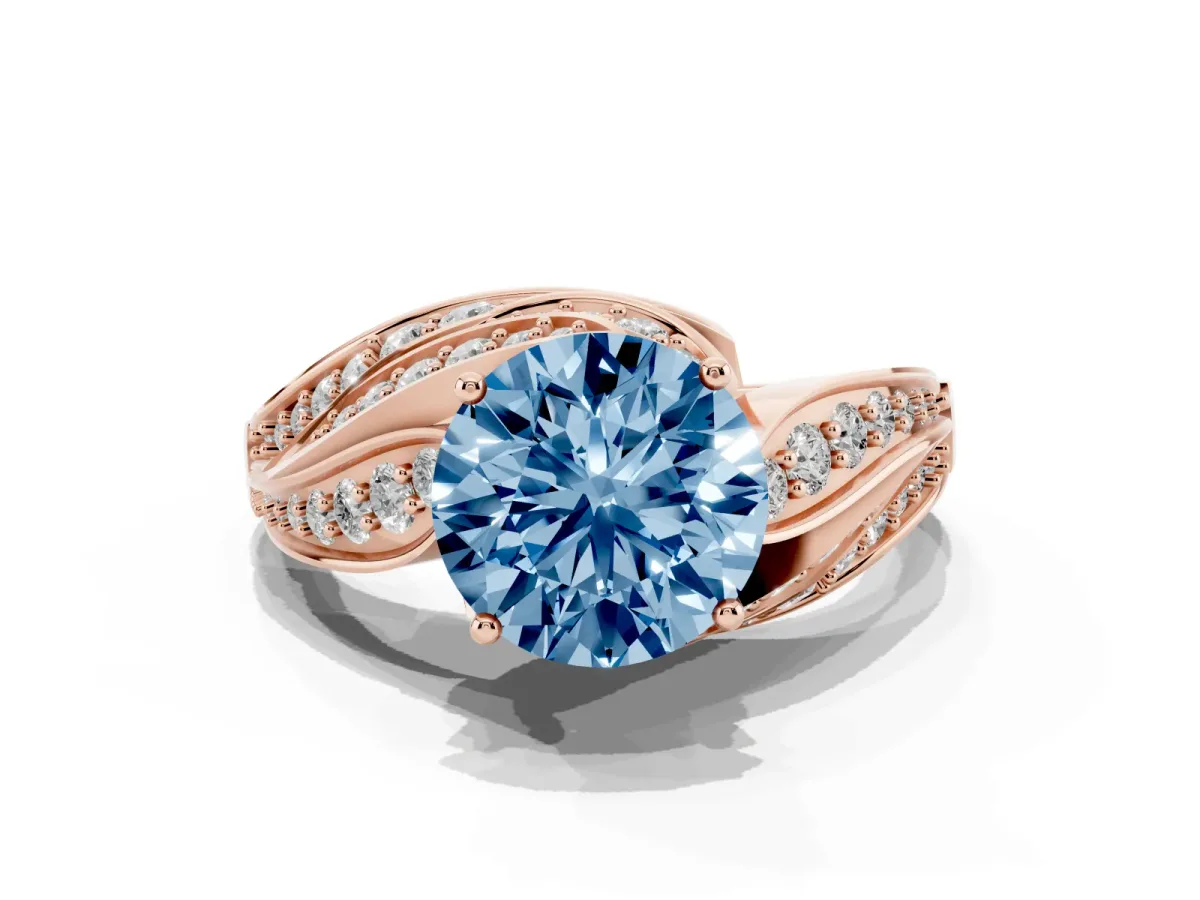 Fancy Blue Round Cut Diamond Solitaire Ring with Prong Setting and Twisted Pavé Band Rose gold