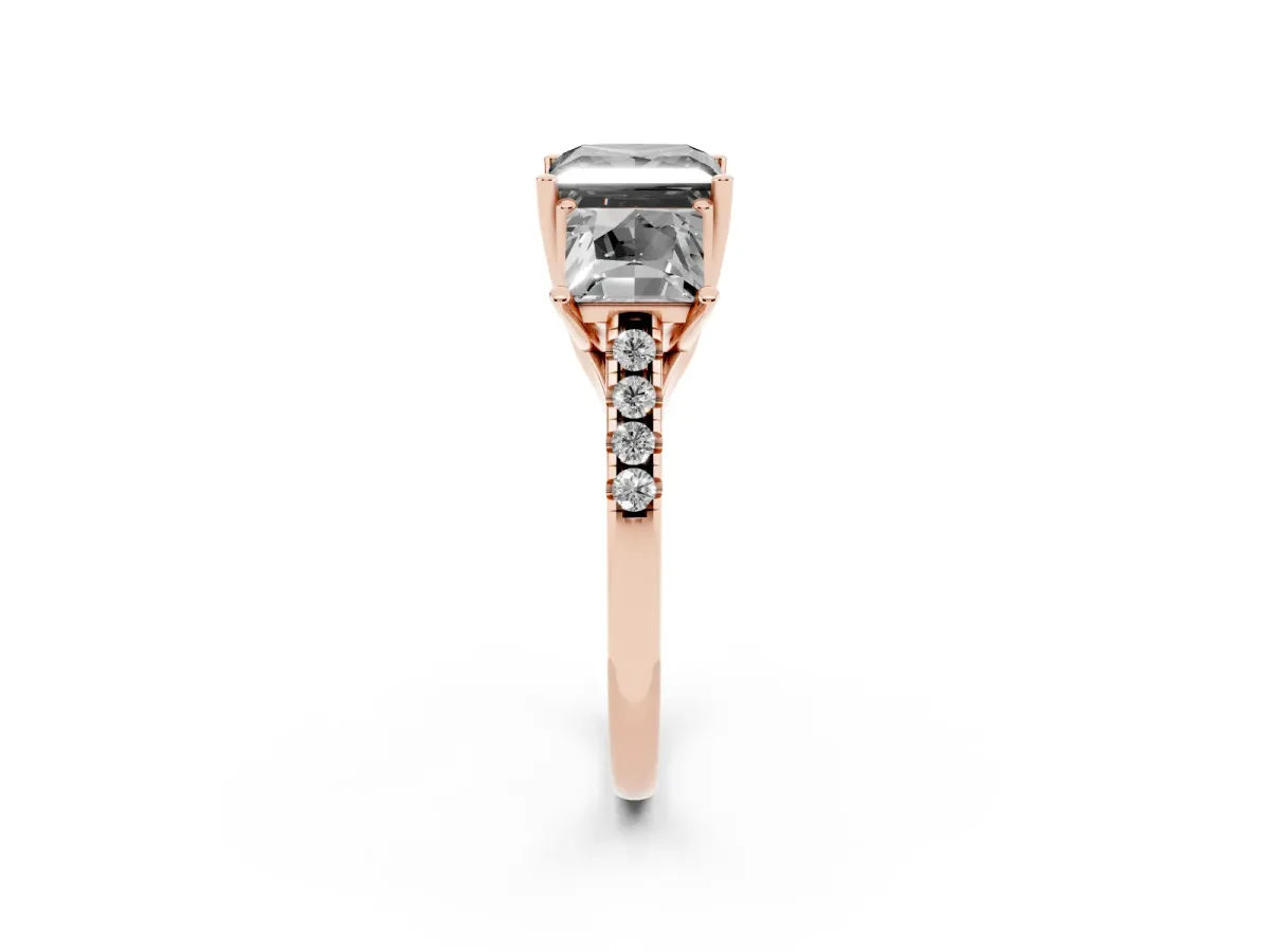 Fancy Black Three-Stone Princess Cut Diamond Ring with Round Pavé Band and Prong Setting Rose gold