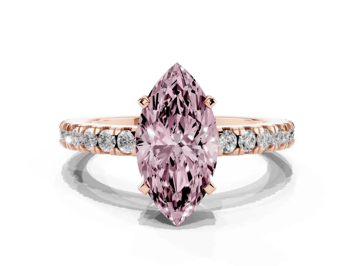 Fancy Pink Marquise Cut Solitaire Diamond with Pavé Band and Four-Prong Setting Rose gold