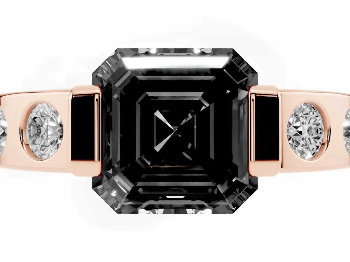 Fancy Black Asscher Cut Brilliant Channel-Set Diamond Ring with Bezel Prong Setting Rose gold